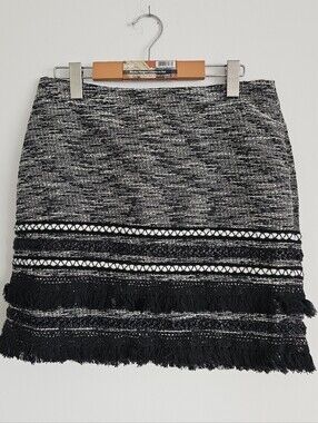 H&M Black and White Fringe Tweed Mini Skirt